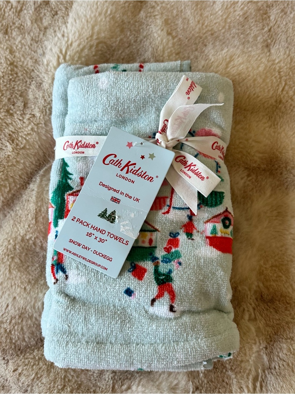 NWT Cath Kidston Snow Day Duckegg 2 Pack Hand Towels Christmas 16x30